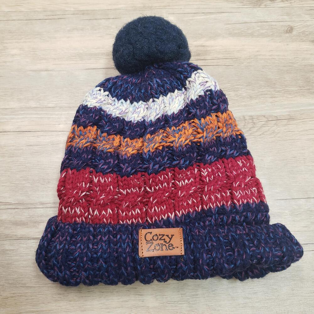 Cozy Zone Hat Beanie Knit Womens One Size Multicolor Pom Pom Fleece Lined Winter
